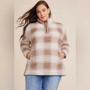 Maurices ¼ Zip Pullover Sweatshirt Beige Plaid Teddy Sherpa L